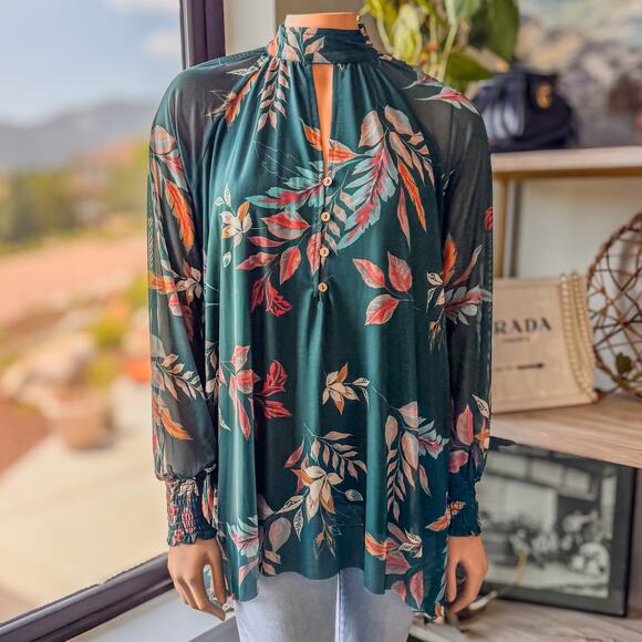 NWT-Gimmicks by Buckle, Leaf Print Mesh Henley Long Sleeve Top, Women’s X-Small - Picture 1 of 12